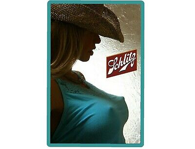 Schlitz Beer Cowgirl In Blue Top Refrigerator / Tool Box Magnet